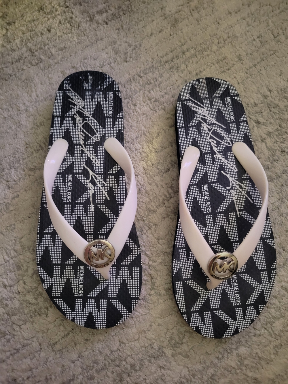 Brand New Michael Kors Black Logo Flip-Flops with Cream Straps and Gold Emblem
